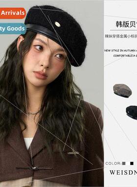 Temperament black tweed beret PU leather cap edge Engl retro