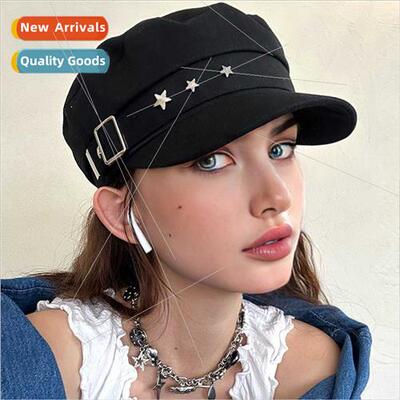 Autumn winter hat female Brish punk retro navy cap metal sta