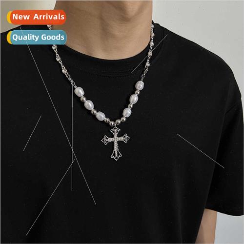 Pearl full diamond cross necklace men tide hip hop niche fem