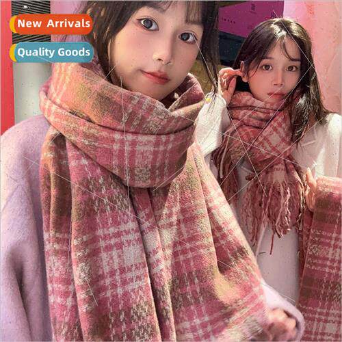 2023 new thickened pink plaid scarf female Korean  hundreds