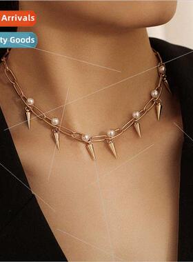 Europe punk pearl metal tapered rivets necklace ins hip hop