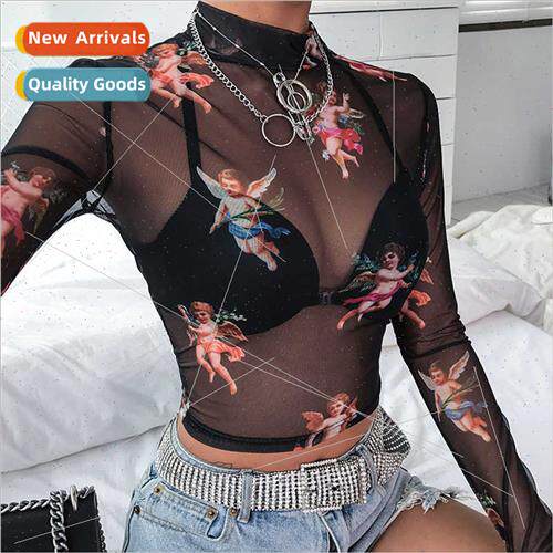 Long Sleeve Cupid Printed Body Shirt Women Autumn Half High