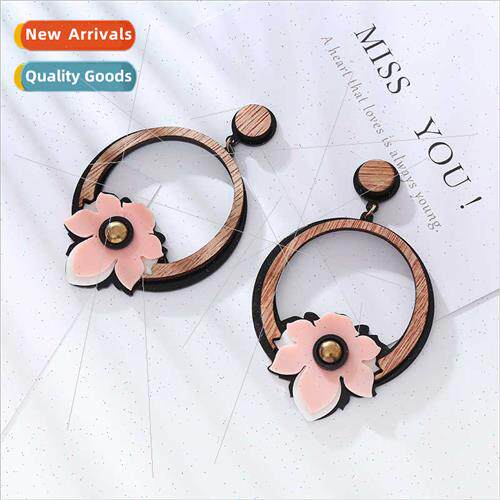 Europe fashion big openwork wooden round earrings acrylic fl