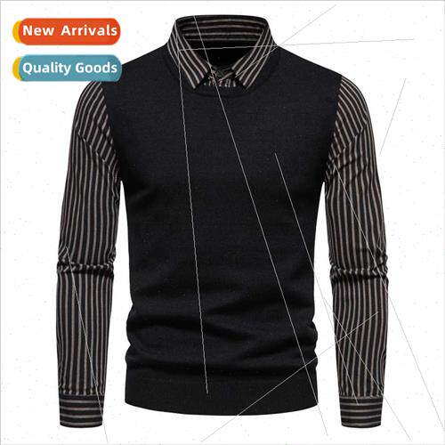 2023 Autumn new men knted bottom shirt striped sleeves shirt
