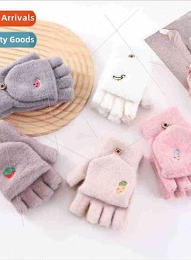 Candy Colour Flap Padded Half Finger Warm Gloves ins Kids Ou