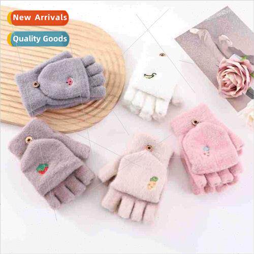 Candy Colour Flap Padded Half Finger Warm Gloves ins Kids Ou