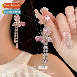 pink ear lver zirconia earrings fashion tassel pin butterfly