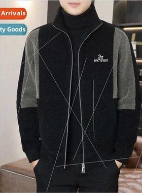 Winter tweed coat men nd handsome colorblocking padded thick