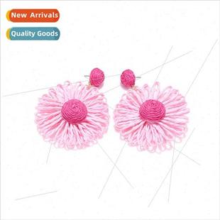 flower earrings bohemian hand floral raffia vacation woven