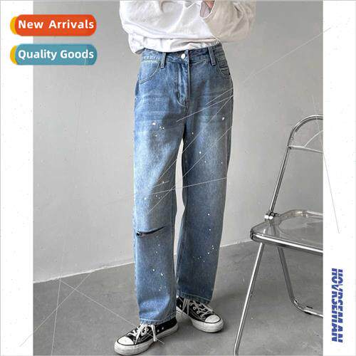 2021 fall winter new men jeans tide hole fashion splash pain