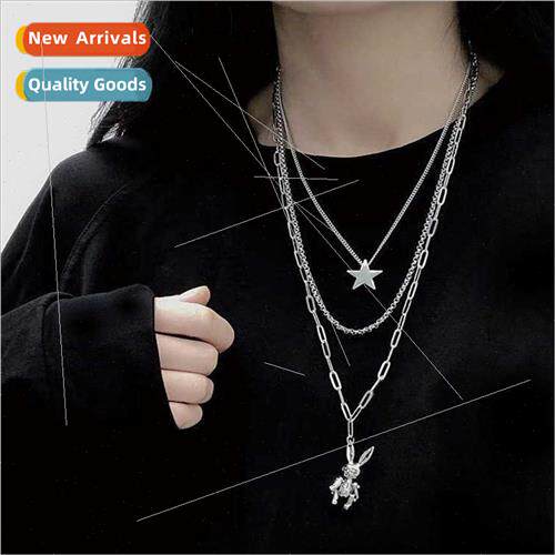 Vintage hip hop ins layered necklace women rabb pendant eart