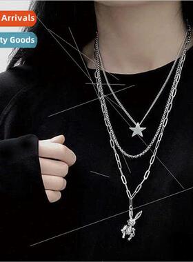 Vintage hip hop ins layered necklace women rabb pendant eart