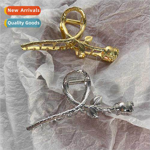 silver rose flower grab clip metal back head plate hair shar