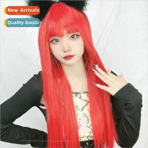Anime wig female red long Qi bangs dye chemical fiber full h