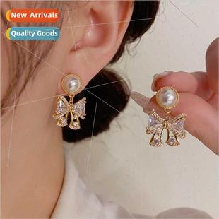 lerary pearl zirconia Fashion earrings lovely bow fema sweet