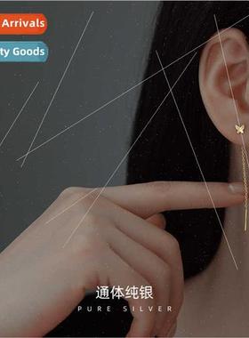 S925 silver Korea butterfly earwire female earrings long ear