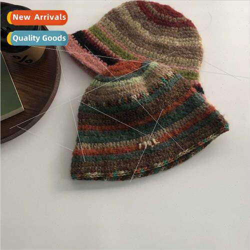 Handmade Japanese Wool Colorful Stripe Crochet Wool Hat Lett