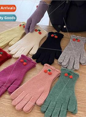 Sweet cherry knted wool five finger touch screen gloves fall