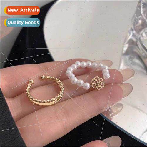 Pearl Camellia Rings 2pcs Set Stacking Combination che Korea