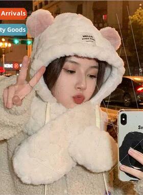 Korean  tide bear plush hat scarf one female fall winter war