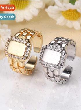 Popular square ring women retro glossy engravable adjustable