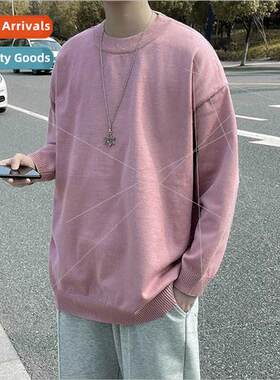 Solid color simple basic round neck pullover sweater men new