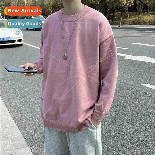 Solid color simple basic round neck pullover sweater men new