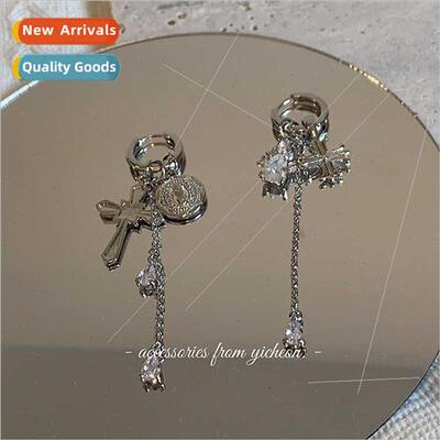 Cross pendant earrings female asymmetrical zirconia tassel m