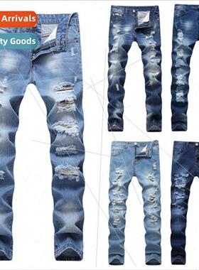 Designer Men's Ripped Jeans  Slim F ght Blue Denim J