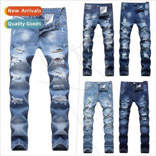 Designer Men's Ripped Jeans Slim F ght Blue Denim J
