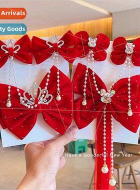 Children princess hair clips girls ehead chain red bow pearl