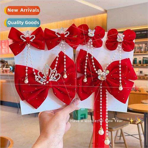Children princess hair clips girls ehead chain red bow pearl