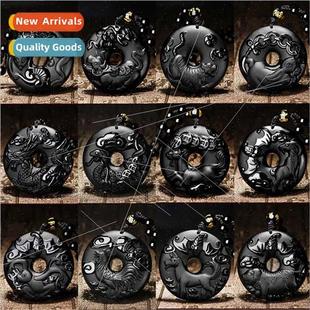 Peace Pendant Necklace Natural Zodiac Rat Tiger Obsidian