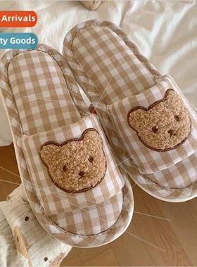 Women new soft-soled slippers cute plaid bear spring summer