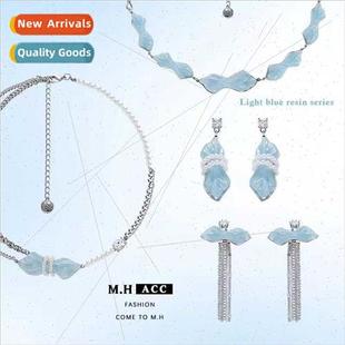 tassel earrings适用women 925 Sky pin textured silver blue