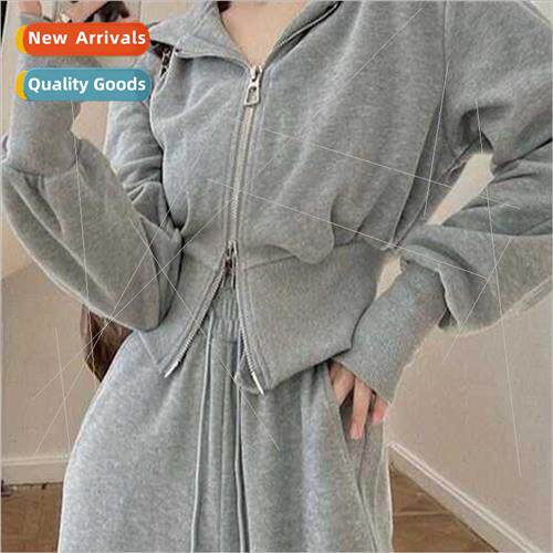 Big size women 2023 autumn winter new solid color hooded zip