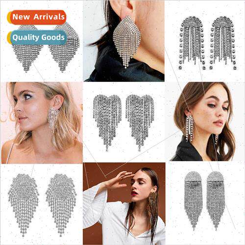 new Europe full diamond earrings super flash long tassel rhi