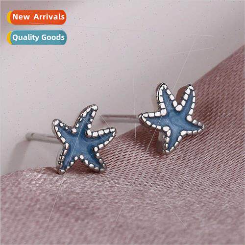 Drip glaze blue star earrings girls 2023 tide Mori students