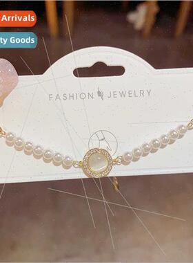 Summer new sweet circle cat eye stone pearl chain bracelet f