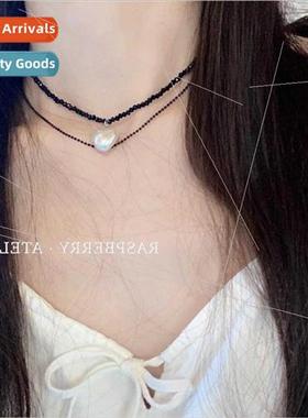 Double Crystal Stacking Necklace Love Pearl Pendant Black Co