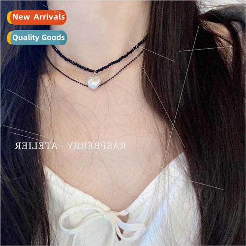 Double Crystal Stacking Necklace Love Pearl Pendant Black Co