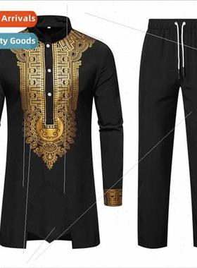 Men Shirt Su Standing Collar Hot Gold Printed Long Sleeve Sh