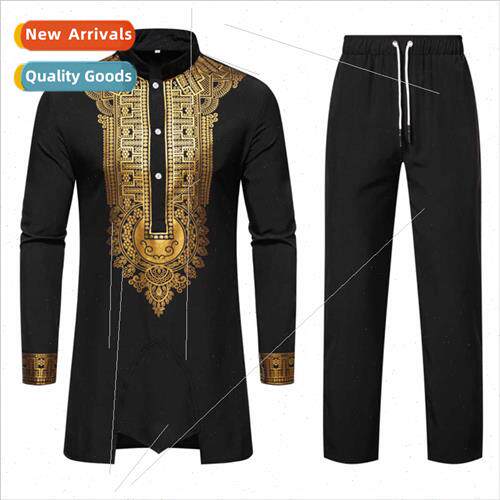 Men Shirt Su Standing Collar Hot Gold Printed Long Sleeve Sh