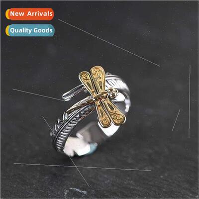 Vintage Feather Dot Gold Dragonfly Ring适用Men Women Niche L