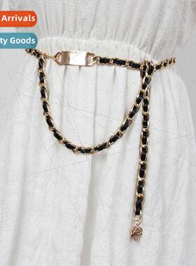 French retro chain waist chain women dress leather splicing