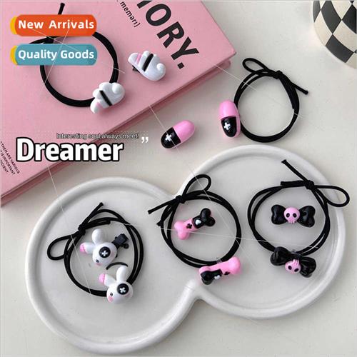 Sweet cool y2k dark wind bow leather btie hair Japanese smal