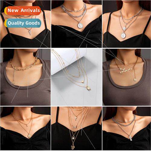 Europe punk hip-hop multi-layer necklace creative pin round