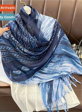Spring Autumn warm windproblue batik long cotton silk scarf