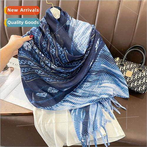 Spring Autumn warm windproblue batik long cotton silk scarf