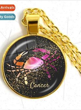 12 Zodiac gns Glass Dome Round Pendant Necklace Handmade Jew